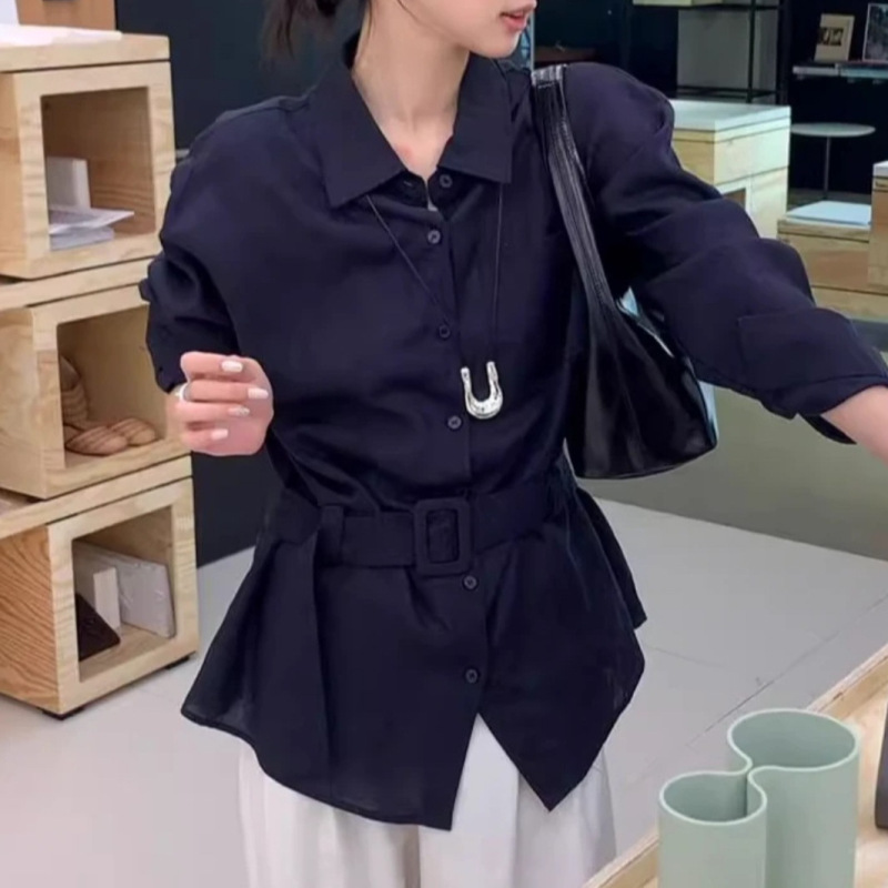 气质收腰韩系设计感衬衫春夏季宽松显瘦休闲女上衣配腰带|undefined