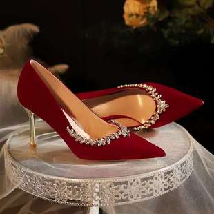 2025 New Bridal Wedding Shoes That Are Not Tiring for the Feet, Red Rhinestone Xiuhe Suit, Two-Wear Pointed Toe Stiletto High Heels for Toasting
