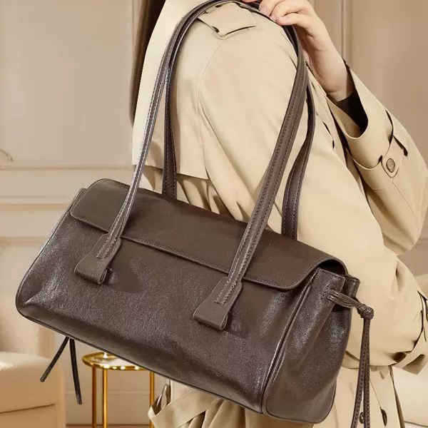 复古质感手提包植鞣牛皮单肩包高级感真皮腋下法棍包时尚通勤女包