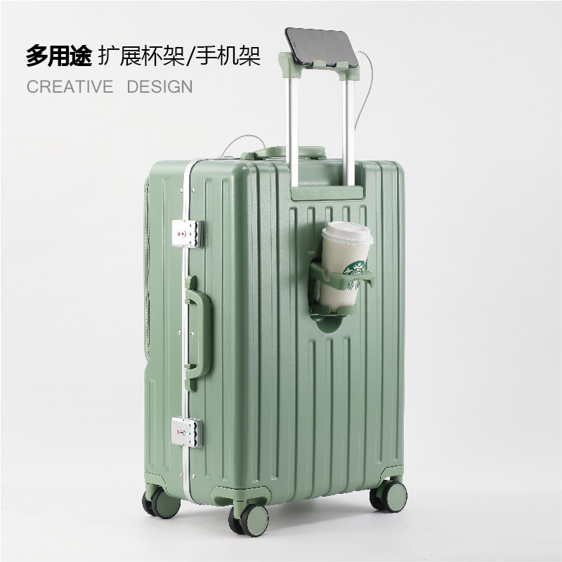 Apertura frontal equipaje de las mujeres marco de aluminio de los hombres caso de embarque maleta de 20/24 pulgadas soporte para teléfono móvil caja de la carretilla de carga USB