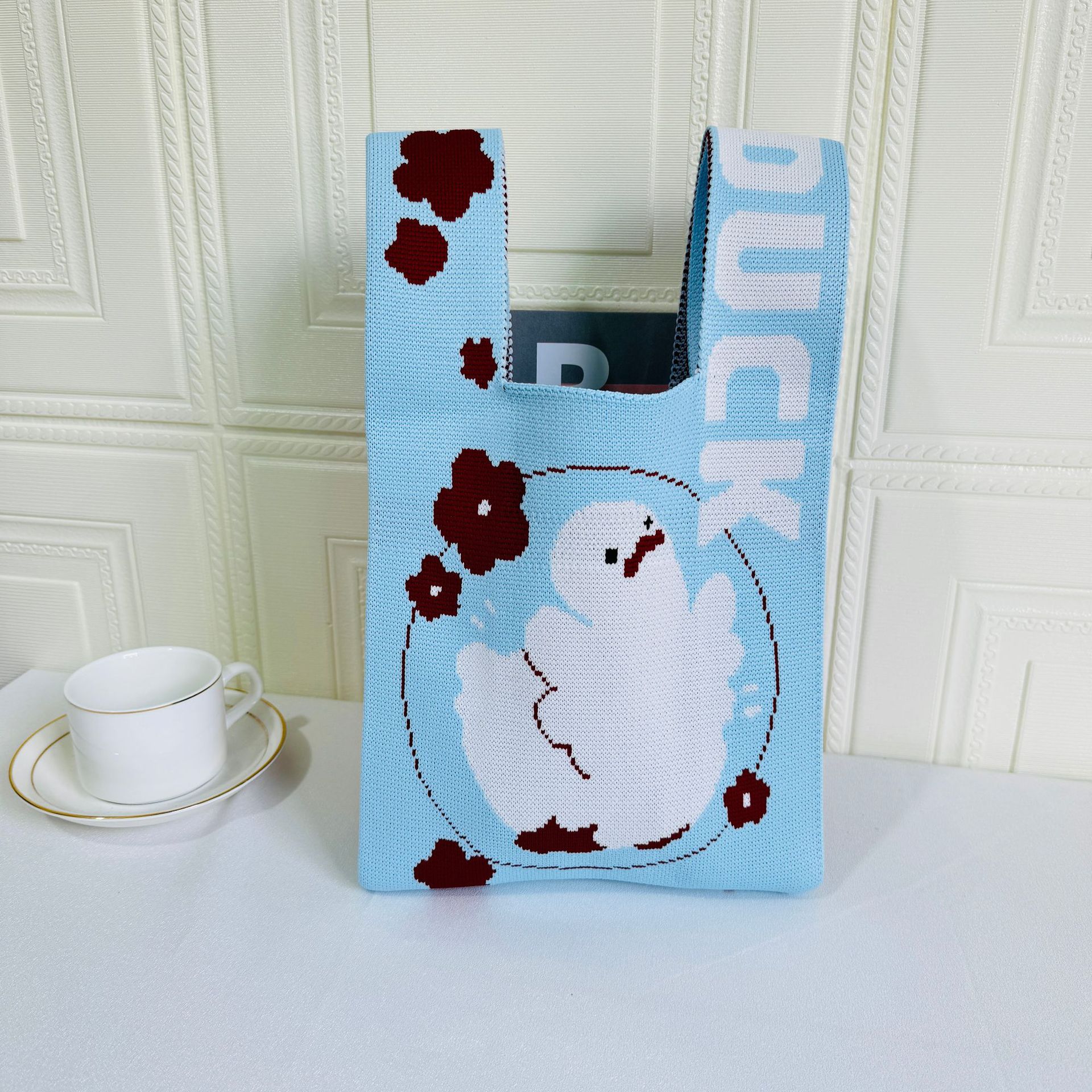 春夏新款韓版小清新百搭針織包包女duck圖案出遊大容量簡約手提包