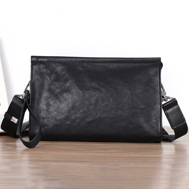 Túi đeo chéo nam đa năng da bò thật 29×11×17 cm, túi đeo vai kiêm túi cầm tay phong bì — Màu đen