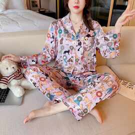 2022秋季新款睡衣女薄款冰丝抖音满印猫咪可爱甜美家居服套装夏季