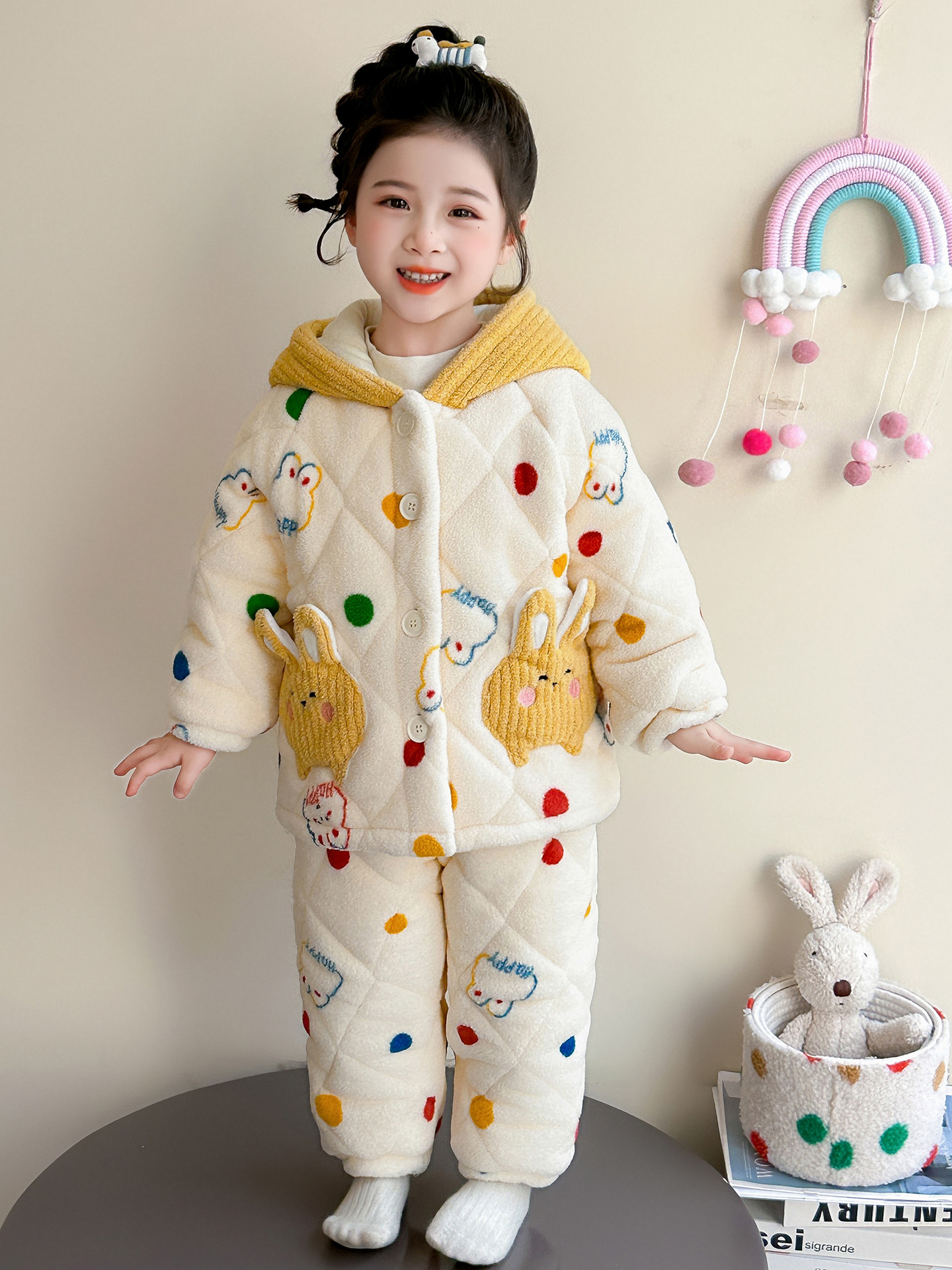 Niñas coral terciopelo ropa de hogar tres capas de algodón engrosado conjunto de invierno terciopelo para niños con capuchón pijamas cálidos