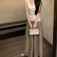 浮遊甘い気質スイングカラーノースリーブベストトップ2025夏ハイウエストワイドレッグカジュアルパンツ2点セット