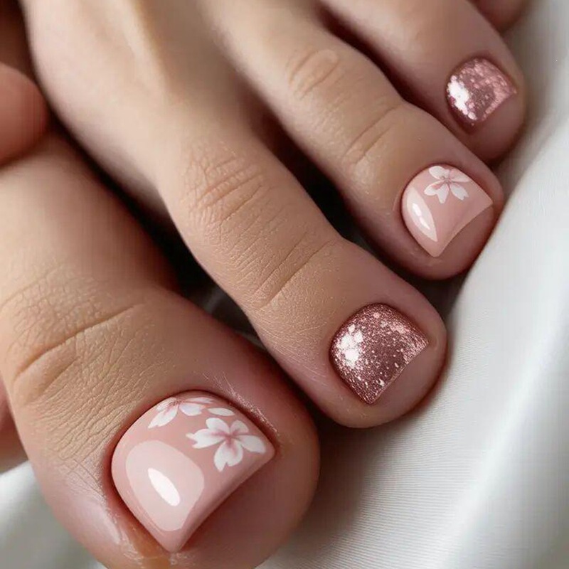 New Style Rose Gold Fine Glitter Toenails Pure Nude Pink Wearable Nails Removable Nail Pieces Finished Toenail Wholesale