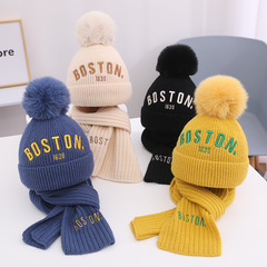 Baby hat autumn and winter boys' woolen hat girls knitted letter hat embroidered children's hat scarf two-piece set trendy