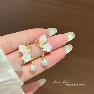 法式轻奢蝴蝶碎水晶珍珠耳钉女仙气温柔精致时尚花朵耳环耳饰批发