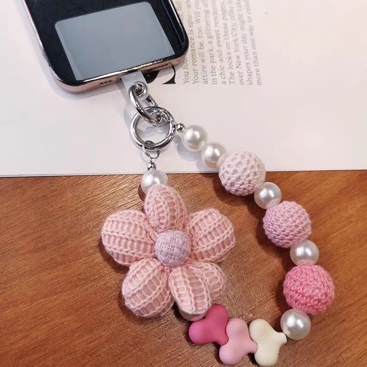 Corto hecho a mano de lana flor amor bolsa perlas adornos ins moda red teléfono móvil Cordón de cadena portátil cordón