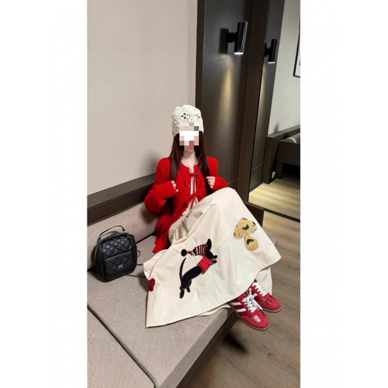 小众长袖T恤蝴蝶结绑带针织衫外套温柔风套装女春季半身裙三件套|undefined