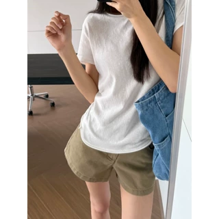 韩系简约白色圆领短袖T恤女夏季雪花棉透气正肩上衣通勤风打底衫