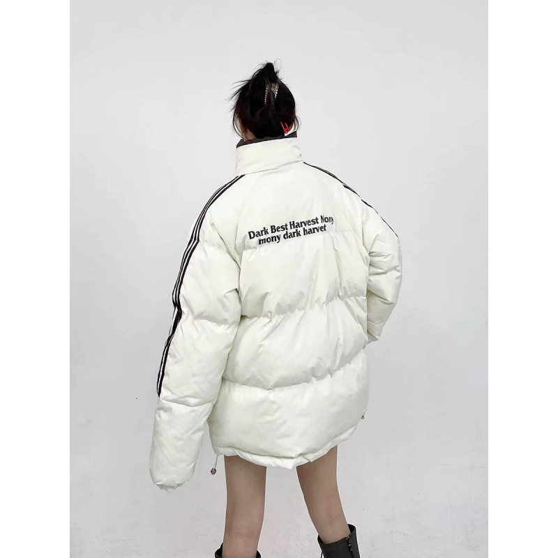 남성과 여성을위한 겨울 두꺼운 느슨한 칼라 코튼 패딩 재킷 디자인 센스 아메리칸 스트라이프 브레드 의류 커플 코트