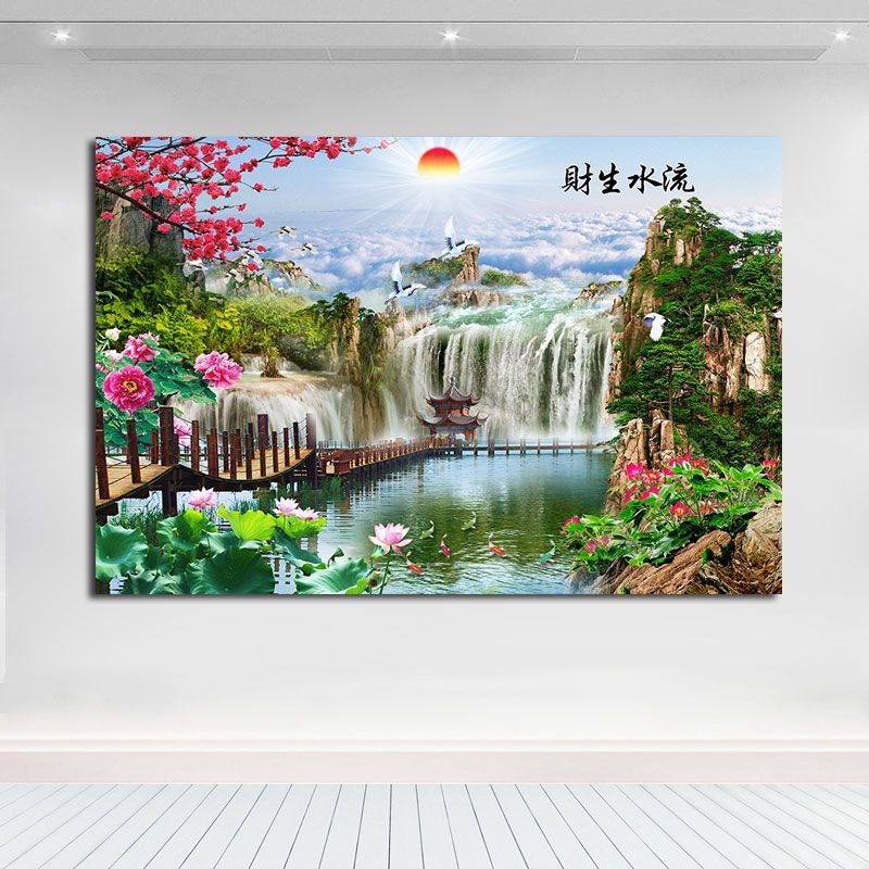 流水生財風景ポスター山水画壁貼りリビング装飾壁掛け絵テレビ背景壁自己貼り付け絵|undefined