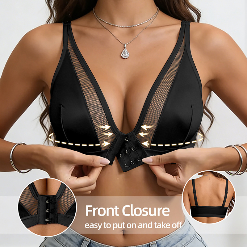 Cross-border European and American front-clasp push-up bra, breathable mesh, shiny fabric, side breast support, anti-sagging, wireless adjustable underwear