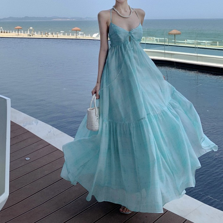 ミントグリーン海辺休暇ビーチチェック柄ドレス女性の夏の新しいホルターネック妖精気質ロングスカート|undefined