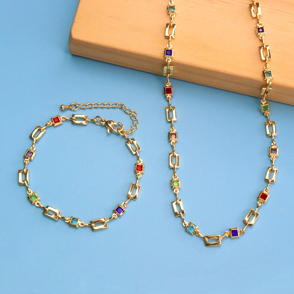 Fashion Square Copper Inlay Zircon Bracelets Necklace