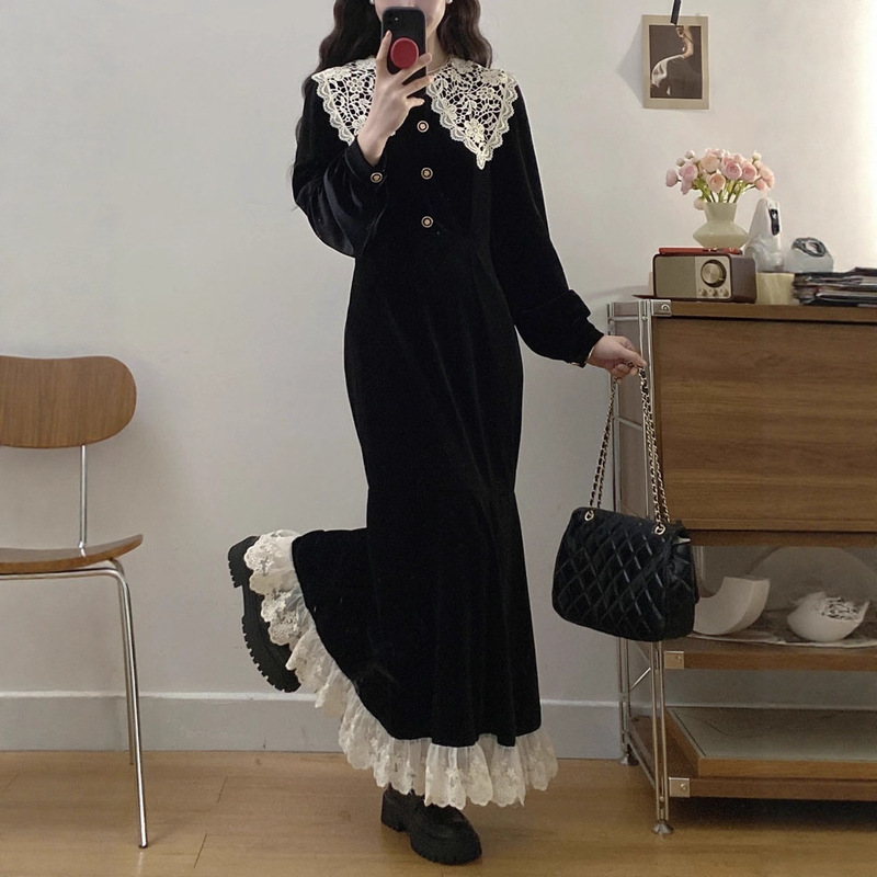 Plus-Size Mermaid Hepburn-Style Black Fishtail Vintage Long-Sleeve Slim-Fit Women's Dress for Autumn and Winter