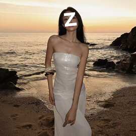 【原版面料防滑条】2026高级感海边度假风杏色抹胸连衣裙女网纱