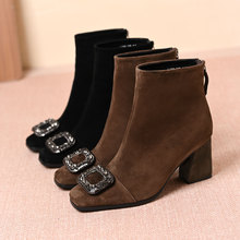 真皮羊皮秋冬法式方头水钻靴子弹力靴高跟时尚百搭粗跟瘦瘦靴单靴