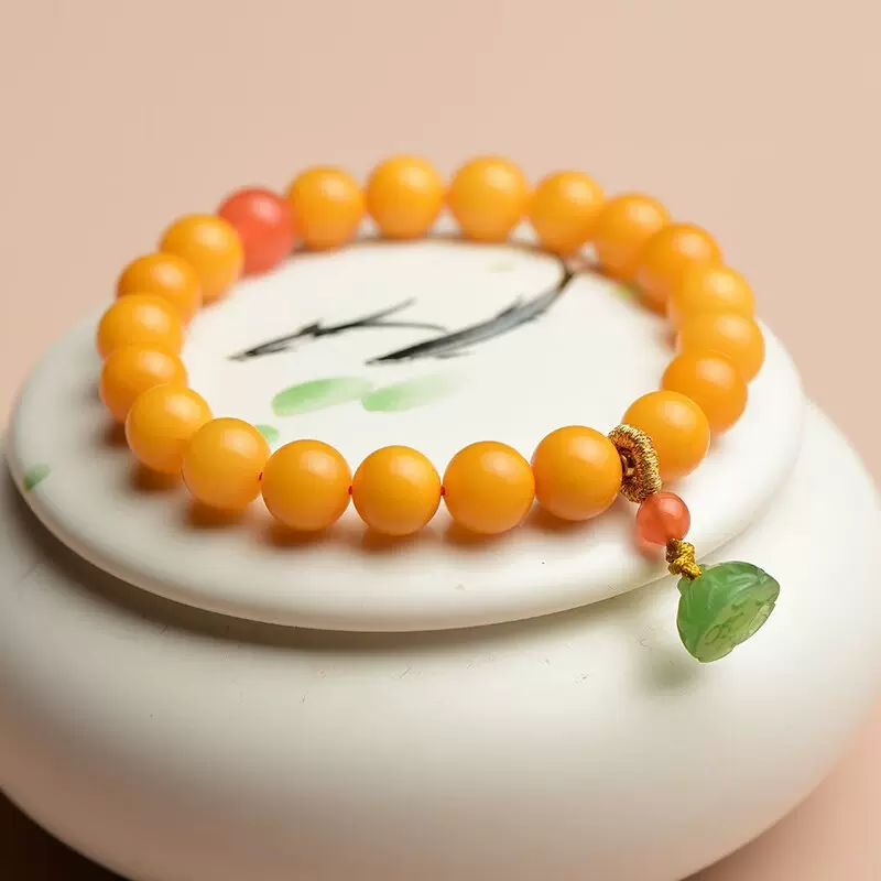 典润 蜜蜡手串女士款手链圆珠DIY鸡油黄碧玉莲蓬南红手串小清新送