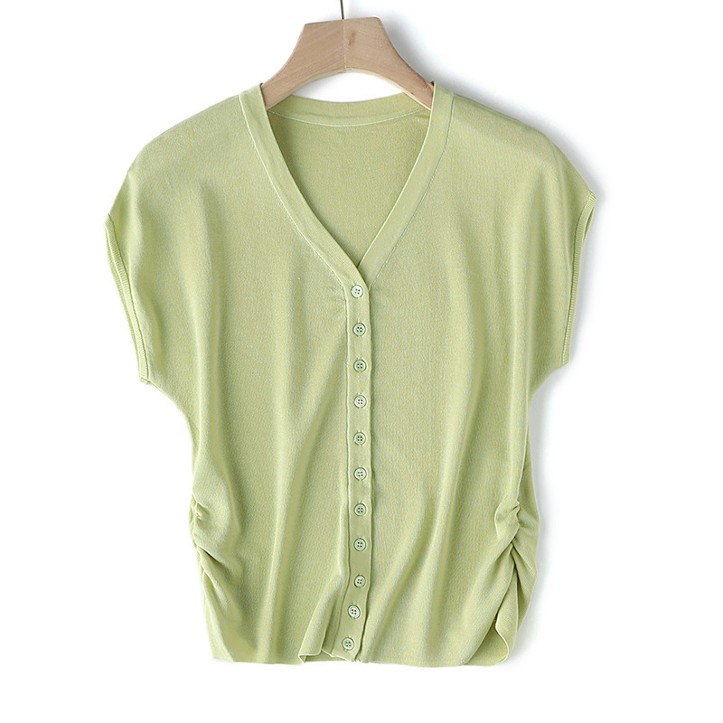 Cloud-Like Softness~Elegant Slim-Fit Ruched Waist V-Neck Knit Top for Women with Unique Design and Small Flutter Sleeves, Summer 26 Cloud-Like Softness~Elegant Slim-Fit Ruched Waist V-Neck Knit Top for Women with Unique Design and Small Flutter Sleeves, Summer 26