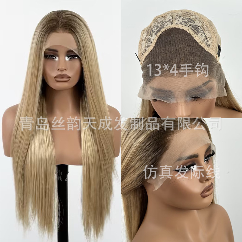 Aliexpress Wig, Golden with Black Roots, Gradient Long Straight Hair, 13*4 Hand-Crocheted Hairpiece, Realistic Hair, Matte High-Temperature Fiber Hairpiece