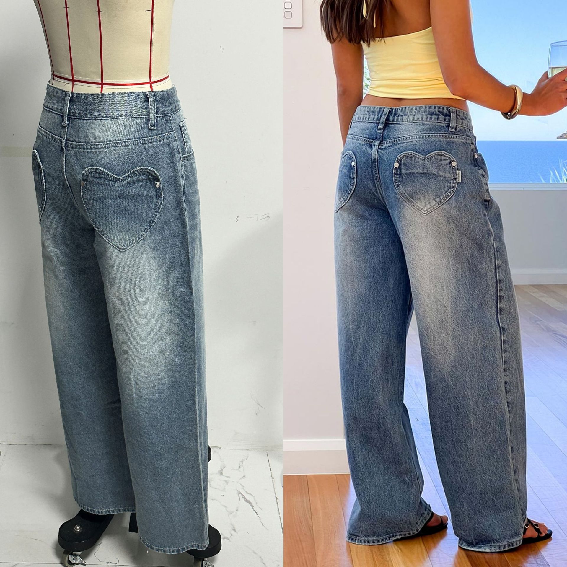 Women's Clothing Retro Washed Heart Back Pocket Wide Leg Jeans Loose Fit Sexy Women's Denim Fashion Style_ecoleips.com