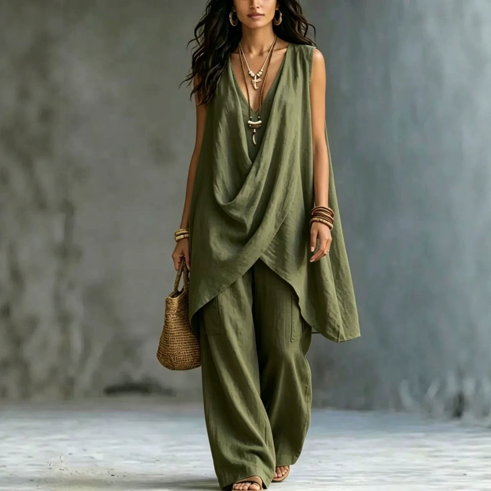 Women's Sleeveless Stand Collar Solid Color Cotton Linen Suit Elegant Loose Resort Style Spring Summer_ecoleips.com