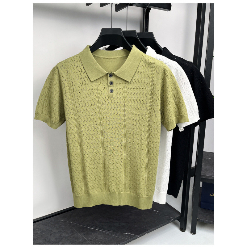 Men's Summer Cool Hollow Out Design Polo Shirt Luxury Style Elegant Retro Short Sleeve T-Shirt For Casual Wear_viptrois.com