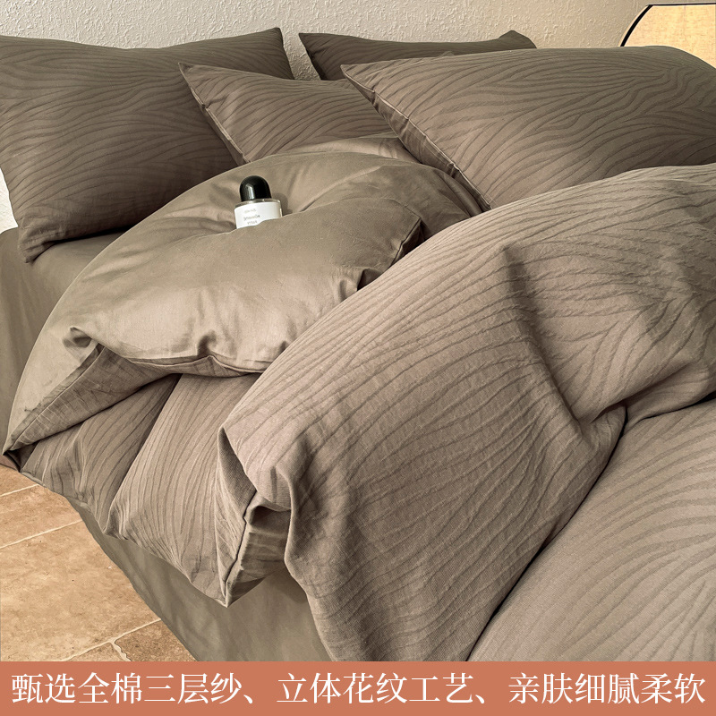 Cama de hilo de doble capa de algodón de cuatro piezas, sábana de algodón grueso, funda de edredón, dormitorio individual, traje de tres piezas 2025 nuevo 3