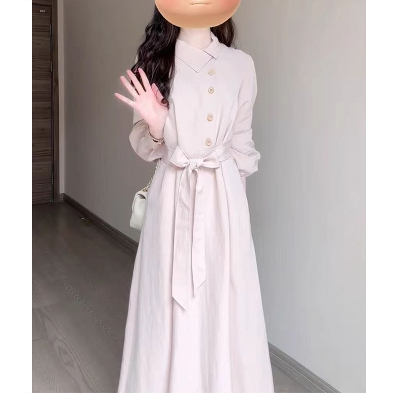 锦倩 罗马画报-秋季新款法式文艺风立领翻领长袖腰带宽松连衣裙潮|undefined