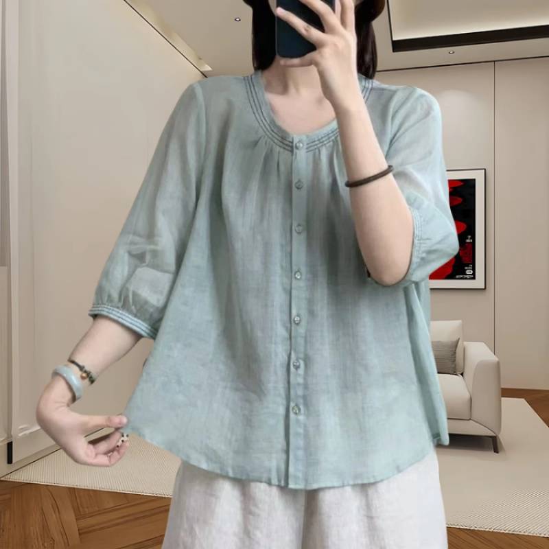 Round Neck Three-Quarter Sleeve Babydoll Shirt, Summer Thin Style, High-End Loose-Fitting Slimming Top