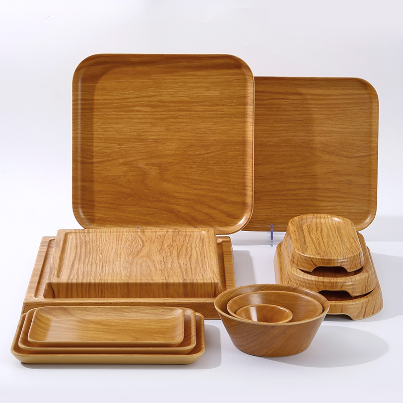 Commercial Specialty Tableware Hot Pot Plate for Serving Dishes, Melamine Side Dish Plate with Wood Grain Pattern, Tray for Hot Pot Restaurant Use