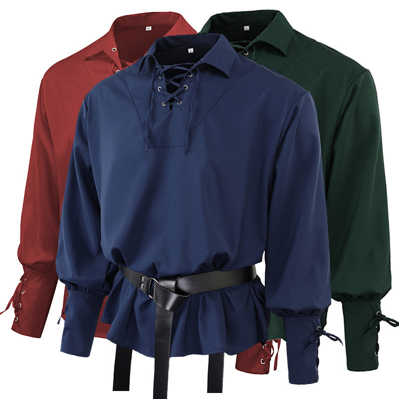 European Retro Men's Wear Medieval Drama Stage Performance Top Solid Color Loose Cuff Tie Rope Men's Shirt European Retro Men's Wear Medieval Drama Stage Performance Top Solid Color Loose Cuff Tie Rope Men's Shirt