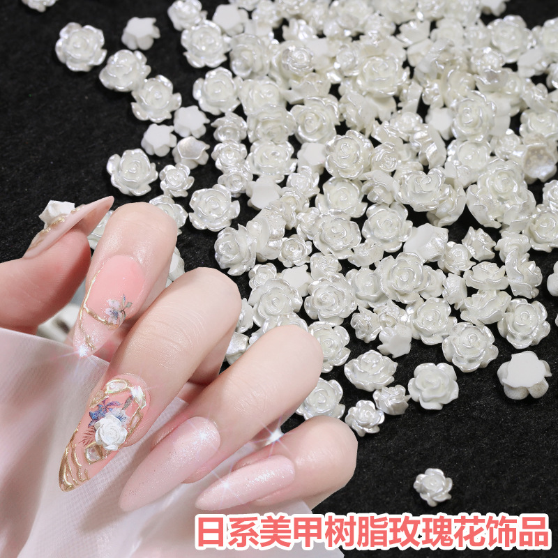 Japanese online popular white rose flower accessories three-dimensional manicure Camellia Pearl small flower nail decorations