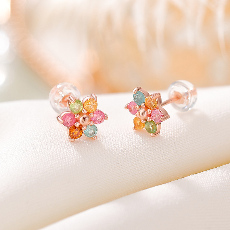 Bông tai bạc S925 mạ vàng hồng đính tourmaline hình hoa nhiều màu — Một cặp (màu sắc tourmaline là ngẫu nhiên)