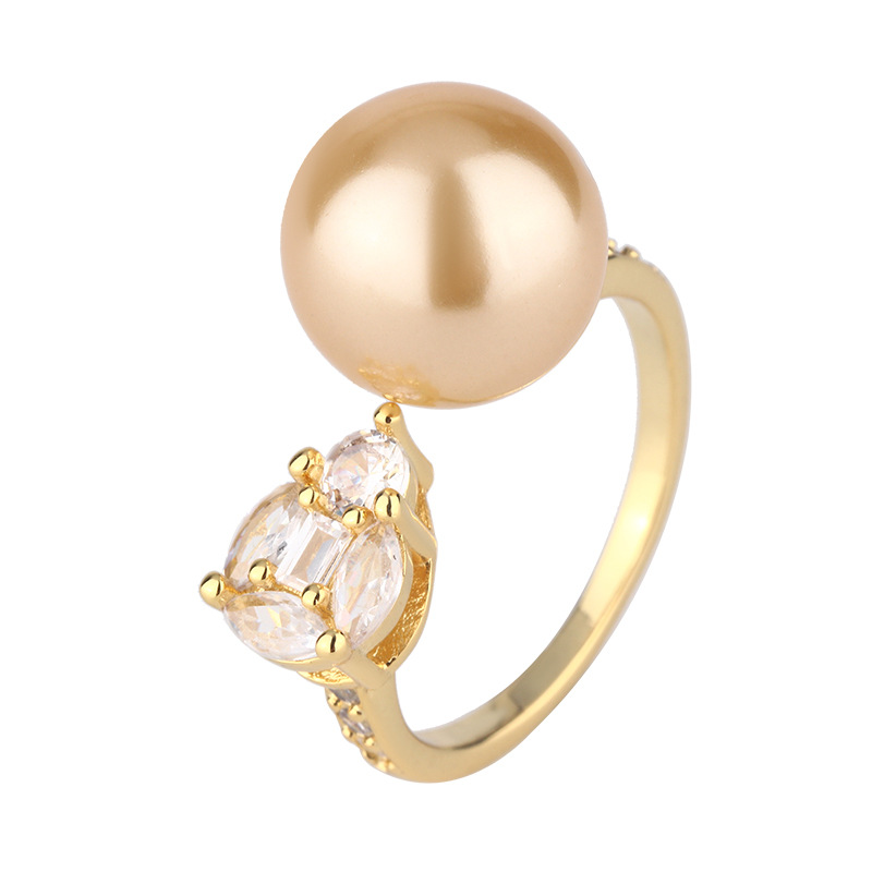 2024 nueva joyería cobre chapado en platino perla estilo simple anillo diario mujer 12mm al por mayor