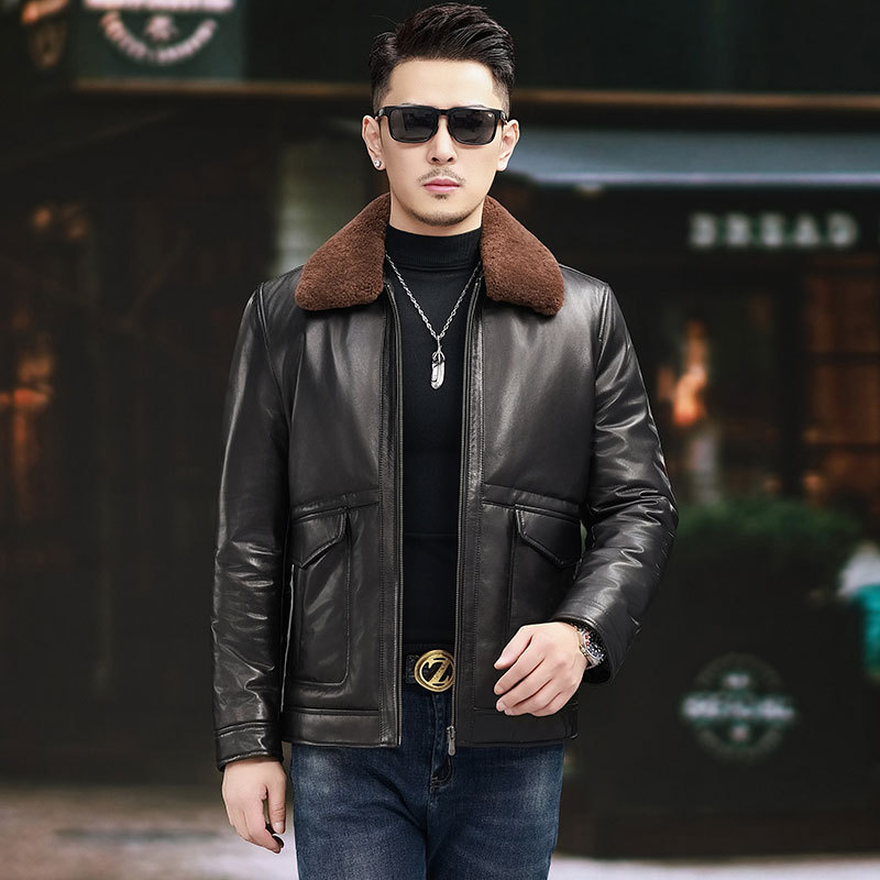 Genuine Leather down Jacket for Men with Wool Lapels, Detachable Goatskin, Middle-Aged Business Casual Winter Warm Leather Coat