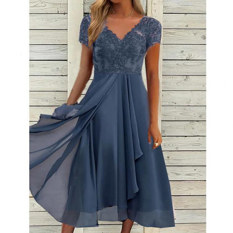 2023 European Station Cross-Border Amazon Dress Chiffon Patchwork V-Neck Lace Hollow Long Dress Bridesmaid Evening Gown