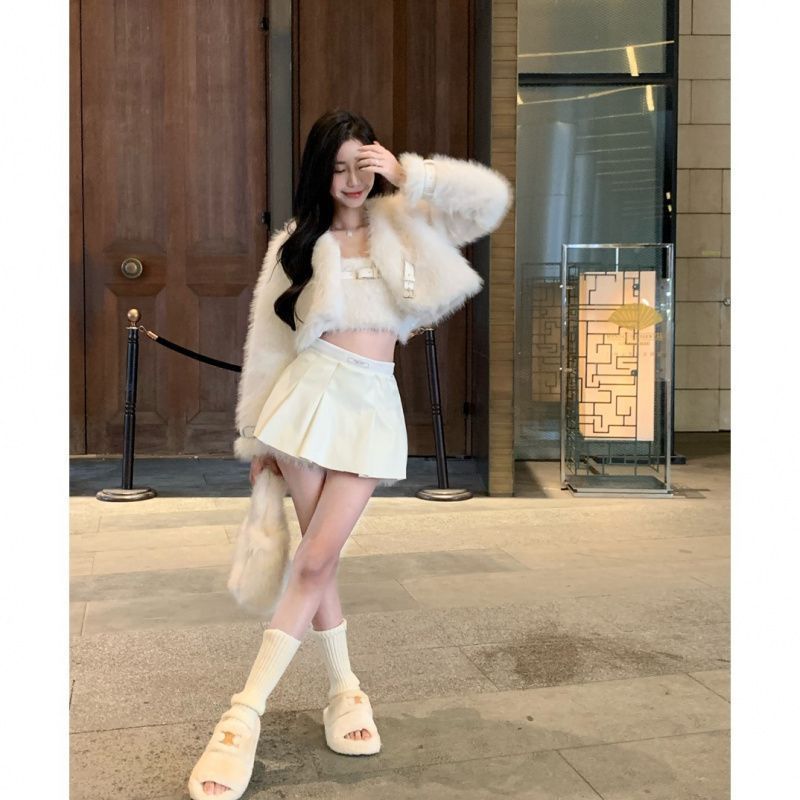 (2개) WENGFENG 스파이스 여자 세트 여성용 스트랩리스 탑 카디건 코트 가을과 겨울 가죽 스커트 패션 우아한 3 피스 세트