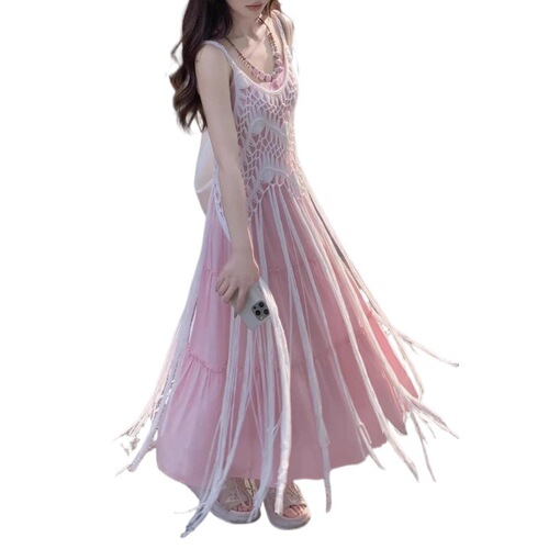 Set of Two Women's Design Pink Gentle Strappy Dresses Women's Summer Vacation Wind Beach Fringe Blouse