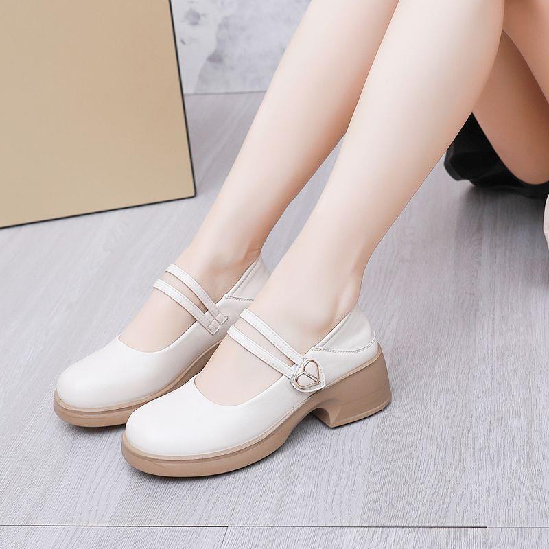 Spring New Women's Shoes, Soft-Soled, Soft-Leather Mary Jane Chunky Heel High-Heeled Shoes, Comfortable and Fashionable French-Style Shallow Leather Shoes