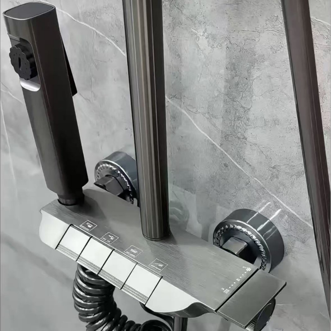 Thermostatic Shower Head Set for Home Use with Pressure Boost, Digital Display, Piano Key Design, Fine Copper Showerhead with Spray Gun for Descaling