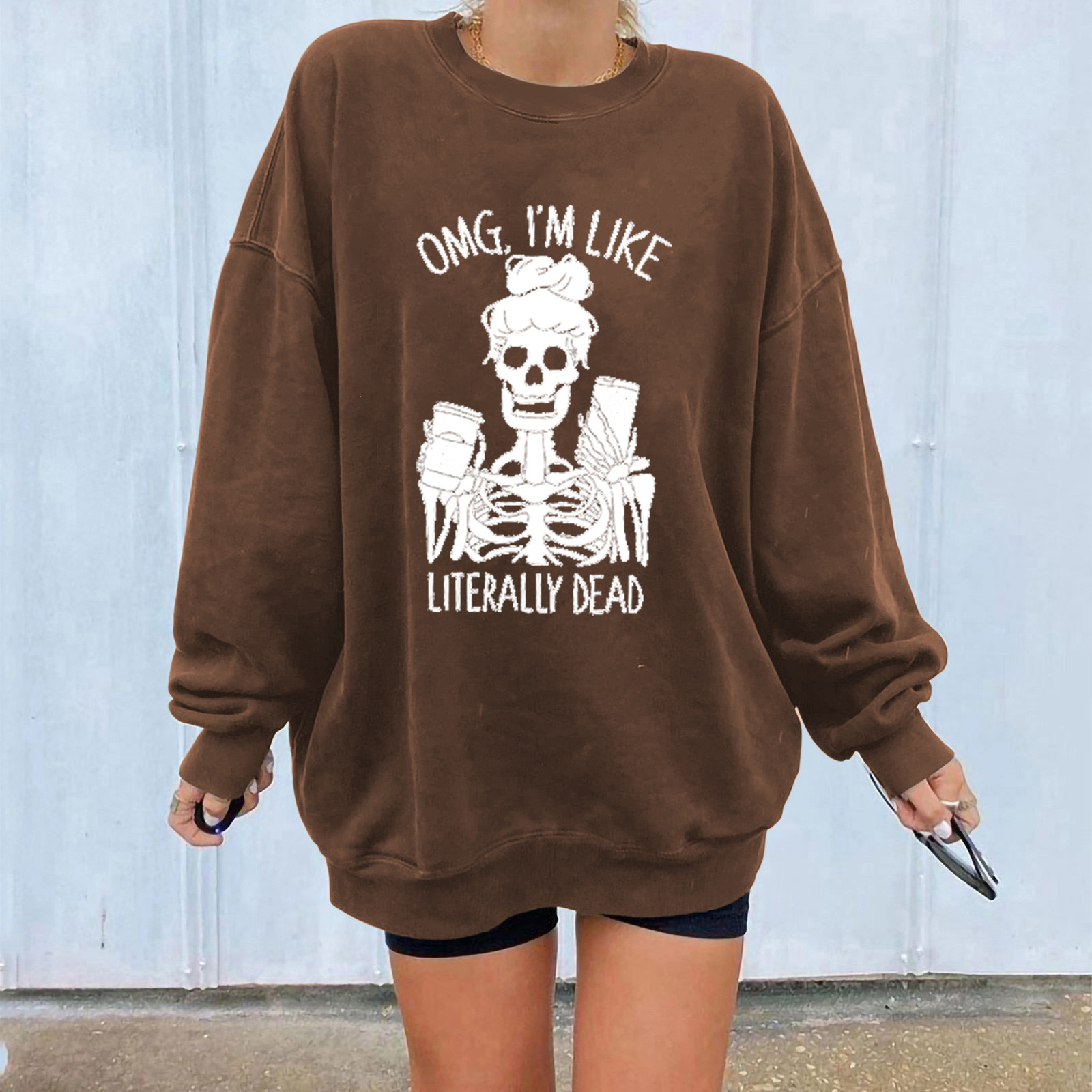 Skull Print Women's Sweatshirt Oversized Drop Shoulder Pullover_voghion.com