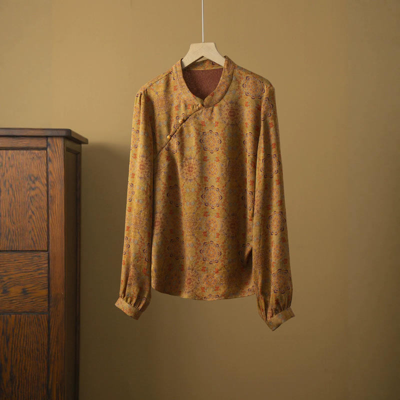Silk Floral Red Cloud Gauze 100% Mulberry Silk Floral Pattern New Chinese Style Long Sleeve Shirt Women's Stand Collar Blouse for Autumn Silk Floral Red Cloud Gauze 100% Mulberry Silk Floral Pattern New Chinese Style Long Sleeve Shirt Women's Stand Collar Blouse for Autumn