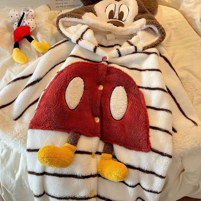 2025 New Cute Mickey Hooded Coral Velvet Pajamas Women's Winter Velvet Thickened Furry Home Clothes Pajamas