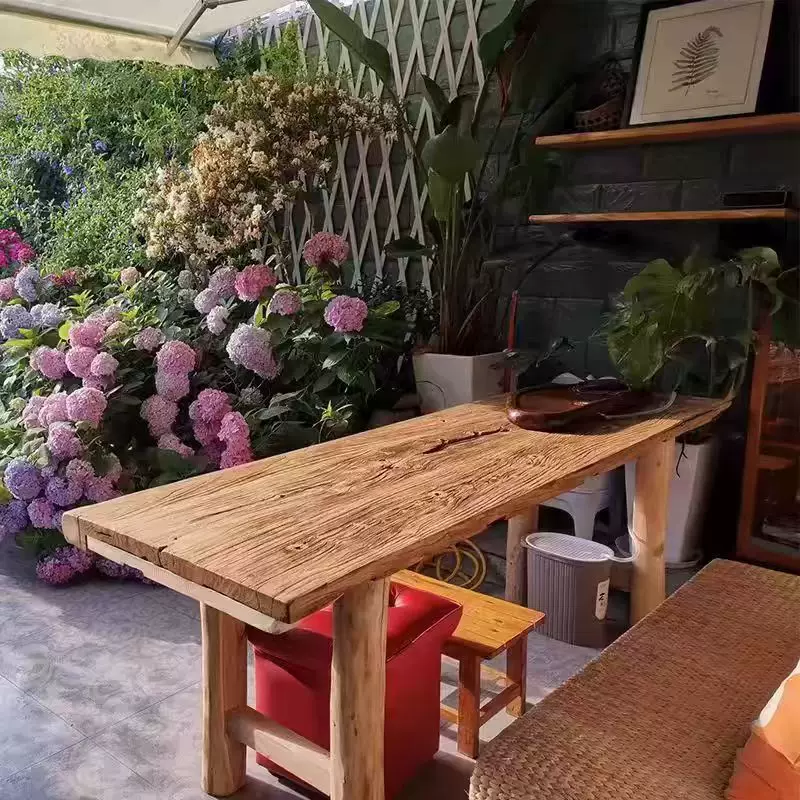 老榆木门板桌风化旧木板茶桌吧台桌原木怀旧复古实木茶台仿古茶桌