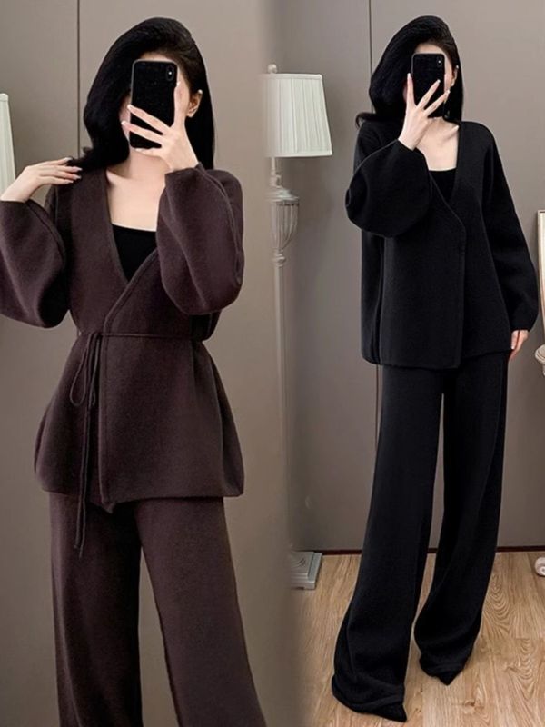 轻奢御姐毛衣套装女秋冬新款宽松慵懒风显瘦收腰休闲阔腿裤两件套|undefined