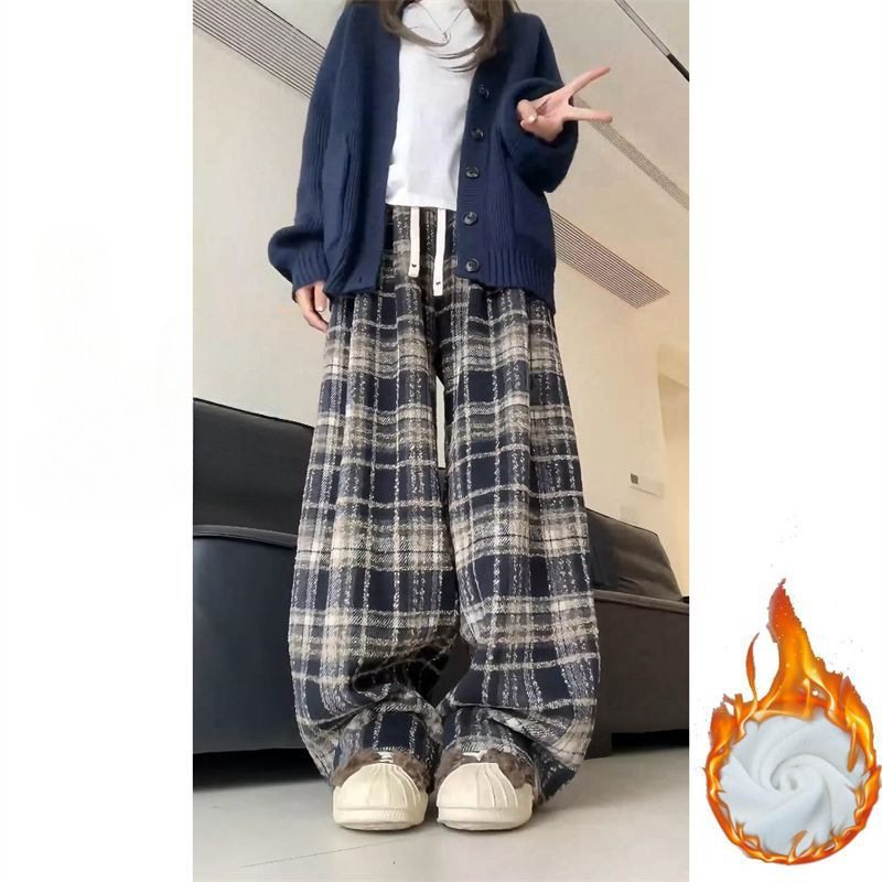 Women's Autumn and Winter Thickened High Waist Retro Casual Pants with Plush Plaid Pants, Straight Tube Floor Slimming Narrow Edition Wide Leg Pants