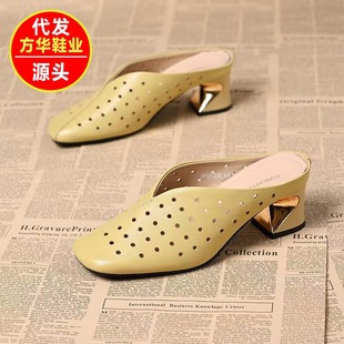 Soft Leather Toe-Toe Slippers for Summer 2025 New Style Cut Out Breathable Sandals and Versatile Elegant Pointed Toe High-Heeled Slippers
